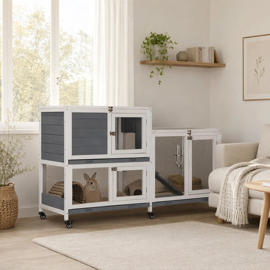 Wooden Rabbit Hutch, Bunny Cage, Small Animal Habitat, Slide-out Tray, Lockable Door, Openable Top, 58" x 18" x 35", Grey Rabbit Hutch White and Grey at Gallery Canada