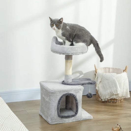 28" Cat Tree Tower with Plush Bed, Condo, Sisal Post, Perch, Ball, Light Grey Cat Posts Light Grey, Dark Grey at Gallery Canada
