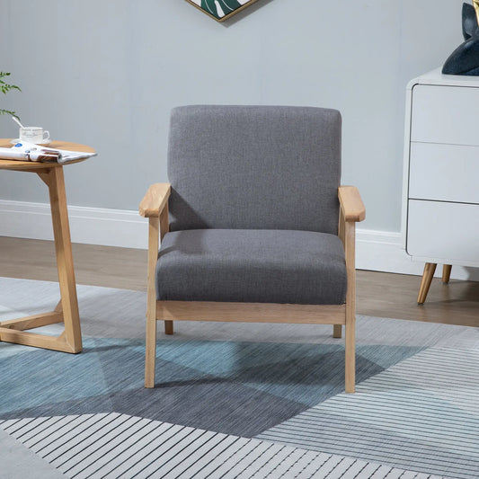 Minimalist Wood Frame Accent Chair, Thick Linen Cushions, Grey Accent Chairs Grey at Gallery Canada