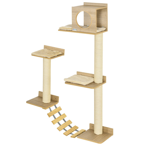 Wall Mounted Cat Tree with Scratching Post Condo Bridge Cushion Cat Climbing Shelves Furniture, Yellow