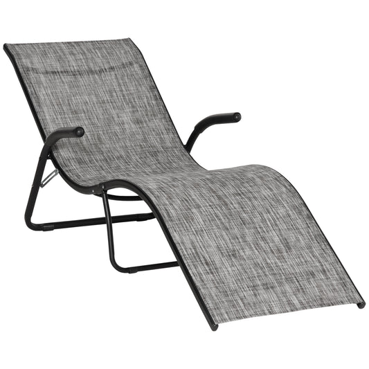 Outdoor Lounge Chair with Armrest, Folding Tanning Chair for Beach, Poolside and Patio, Grey
