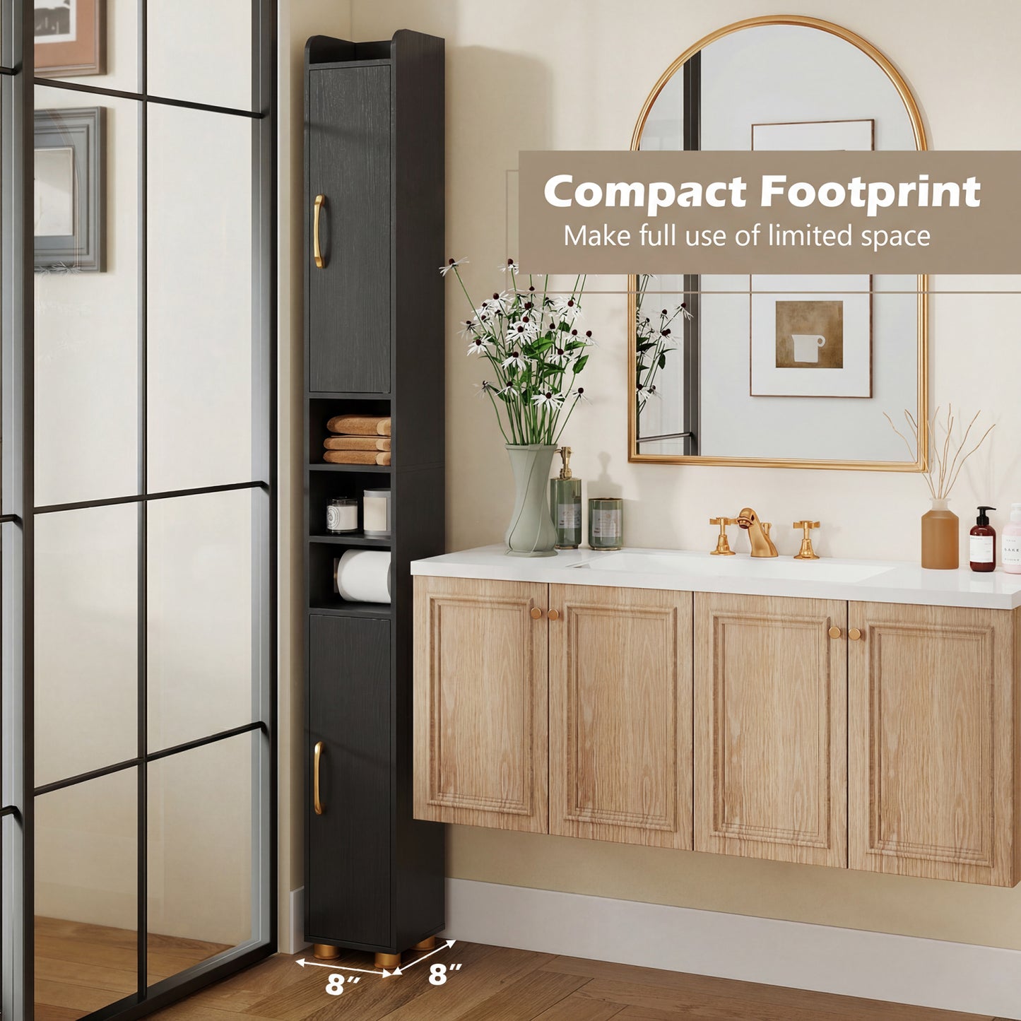 Narrow Bathroom Storage Cabinet, Open Shelves, Toilet Paper Holder, Black Floor Cabinets at Gallery Canada
