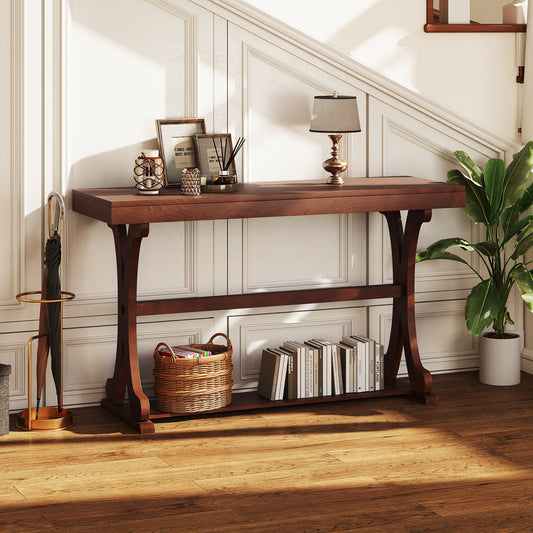Narrow Console Table, 52 Inch, Walnut, Open Storage Shelf Console Tables Walnut at Gallery Canada