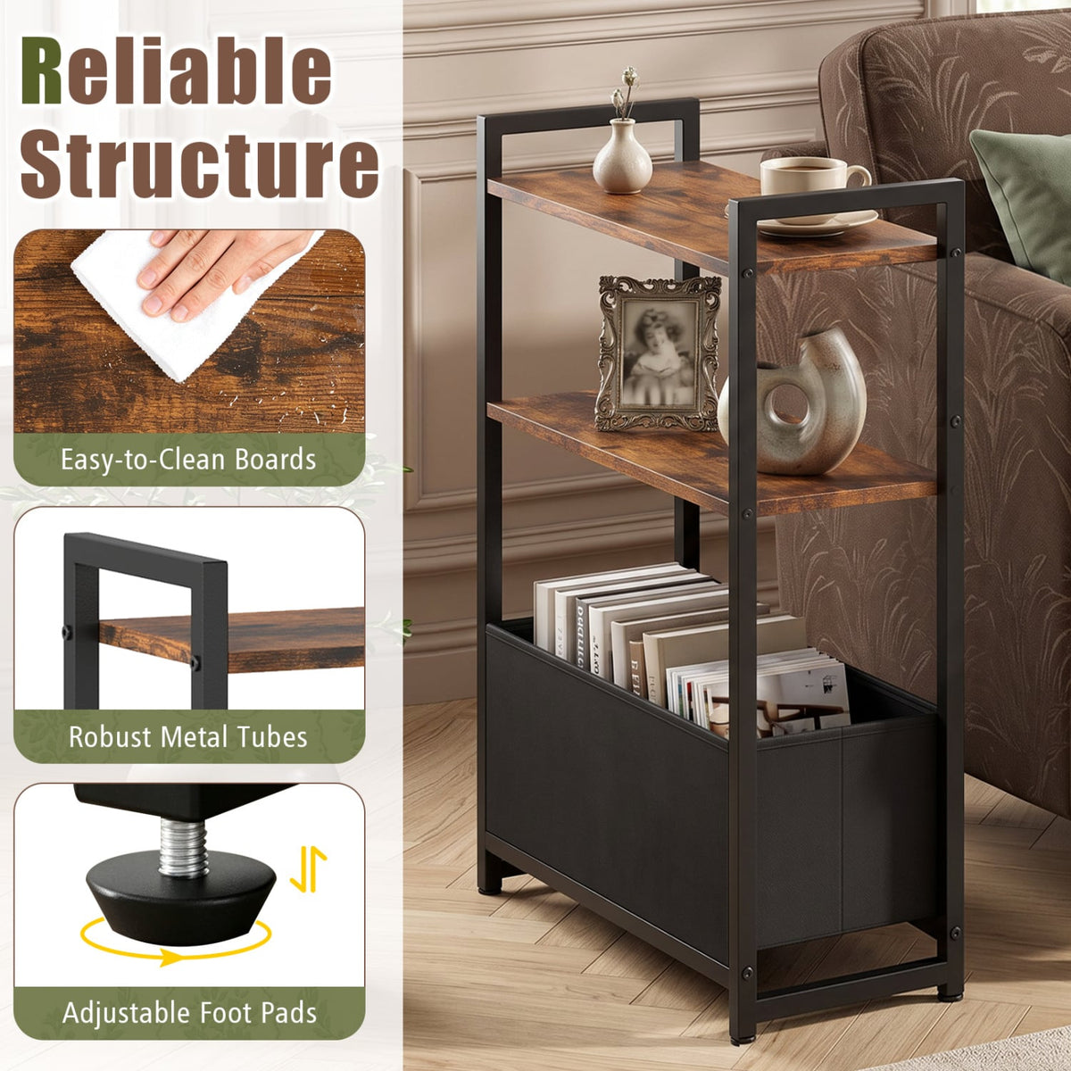 Narrow End Table, Storage Shelves, Metal Frame, Rustic Brown End & Side Tables at Gallery Canada
