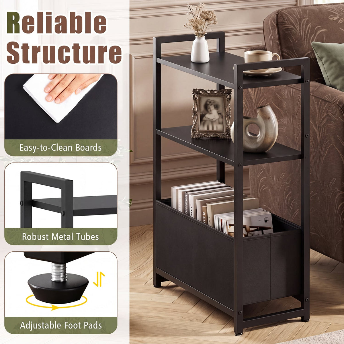 Narrow End Table, Storage Shelves, Metal Frame, Black End & Side Tables at Gallery Canada