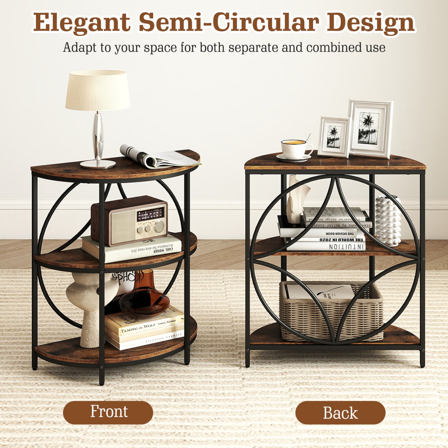 Narrow Side Table, Metal Frame, Storage Shelves, Rustic Brown End & Side Tables at Gallery Canada