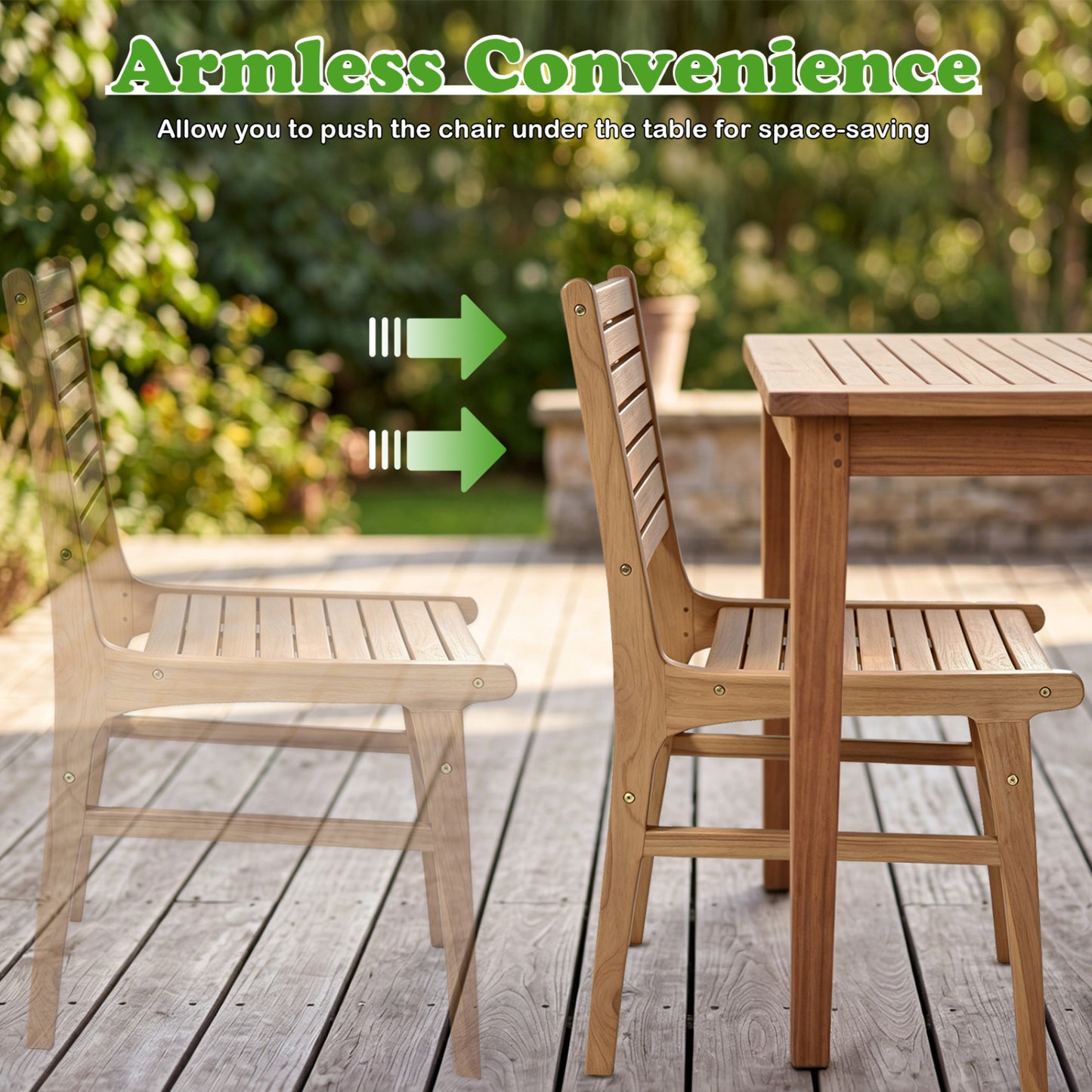 Natural Wood Armless Patio Chair with Slanted Back and Slatted Seat Patio Dining Chairs at Gallery Canada