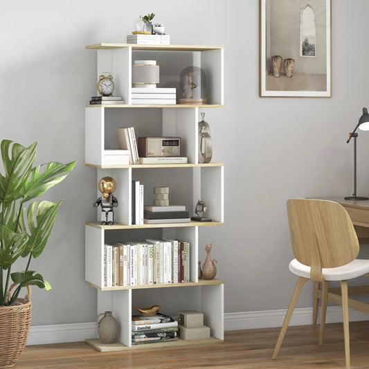 5-Tier Geometric S Shaped Bookcase, Tall Narrow Display Shelf, White Display Bookshelves White, Oak at Gallery Canada