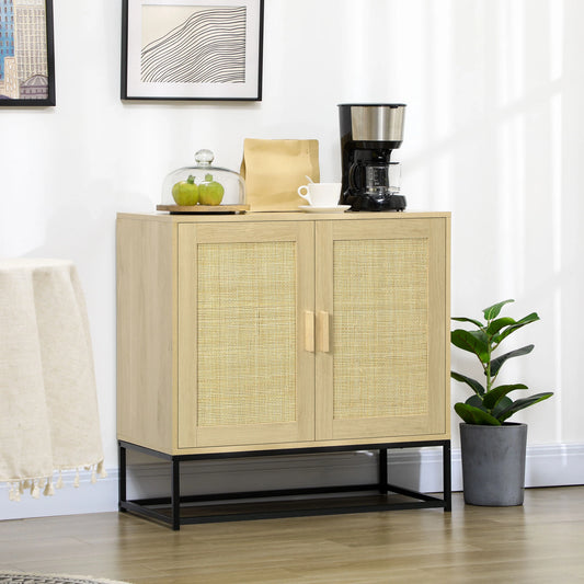Wood Sideboard Cabinet, 2 Rattan Doors, Adjustable Shelf, Steel Legs Bar Cabinets Cream at Gallery Canada