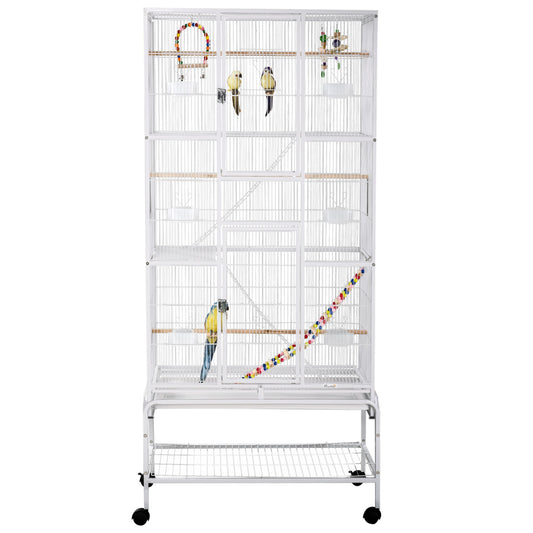71" Bird Cage with Wheels Perches, Ramp, Storage Shelf, Toys for Canaries, Finches, Cockatiels, Parakeets, White at Gallery Canada