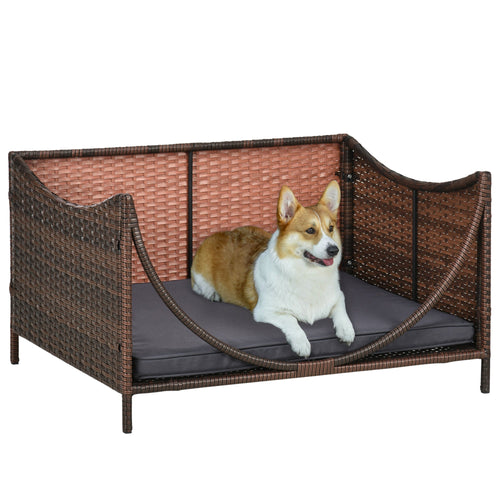 Rattan Pet Bed for Small Medium Dogs and Cats, Wicker Dog House Outdoor with Water-resistant Cushion, 35