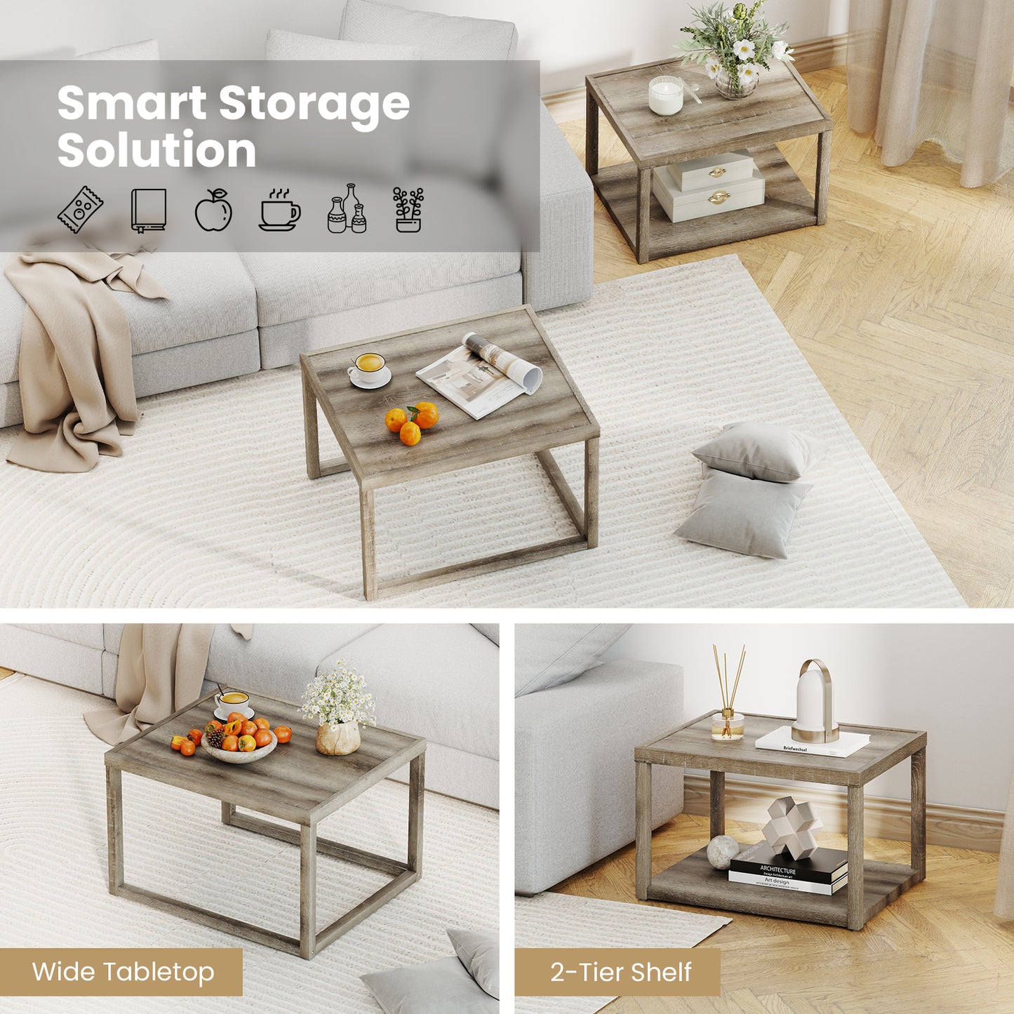 Nesting Coffee Table Set of 2 Stackable Rectangular End Tables, Gray End & Side Tables at Gallery Canada