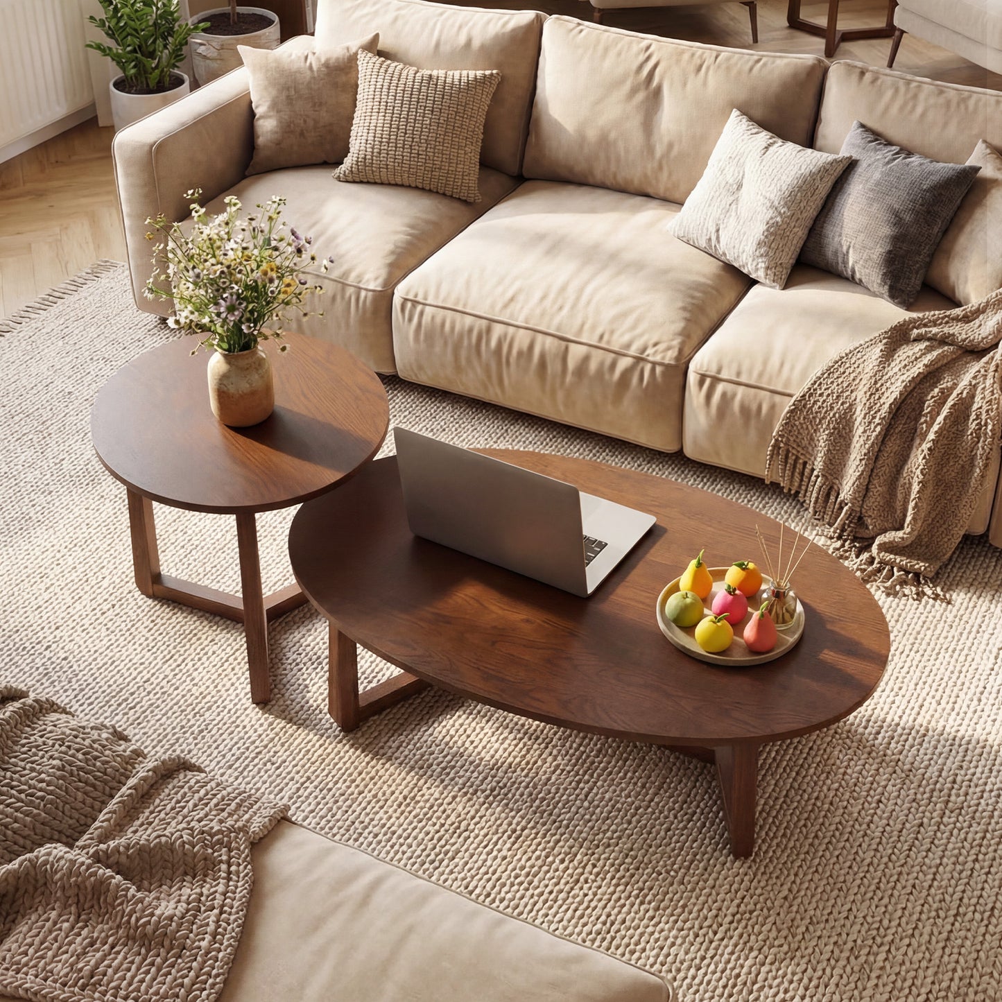 Nesting Coffee Table Set, Wood Veneer Top, Solid Rubber Wood Legs, Walnut Coffee Tables at Gallery Canada