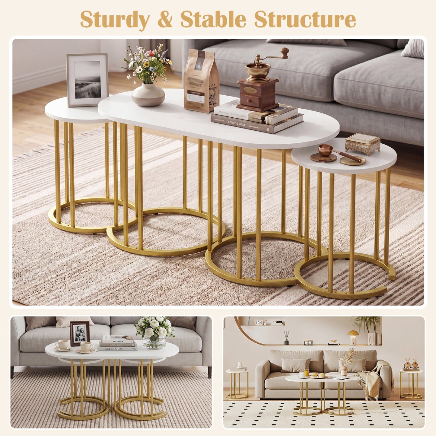 Nesting Coffee Table Set, 3 Piece, Faux Marble Top, Gold Metal Frame, White Coffee Tables at Gallery Canada