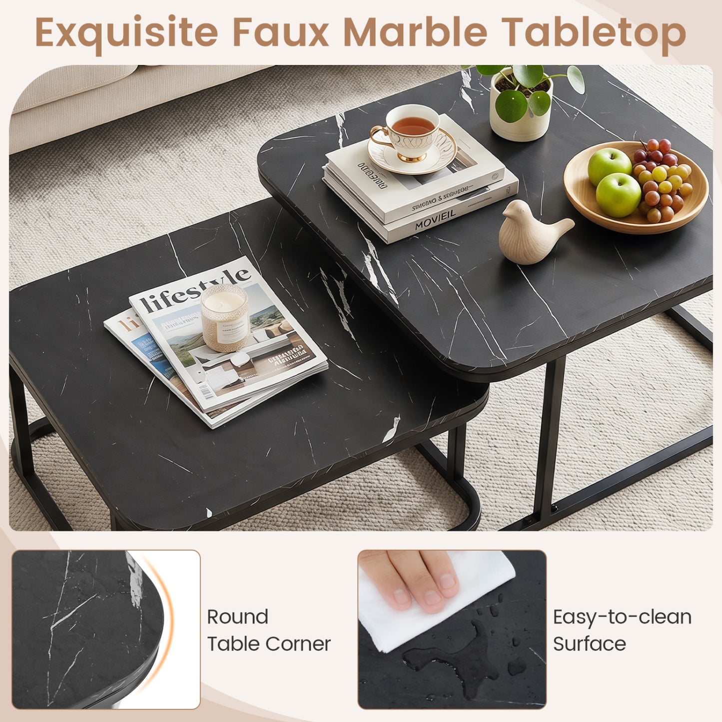Nesting Coffee Table Set of 2 with Faux Marble Top and Metal Frame, Black Coffee Tables at Gallery Canada