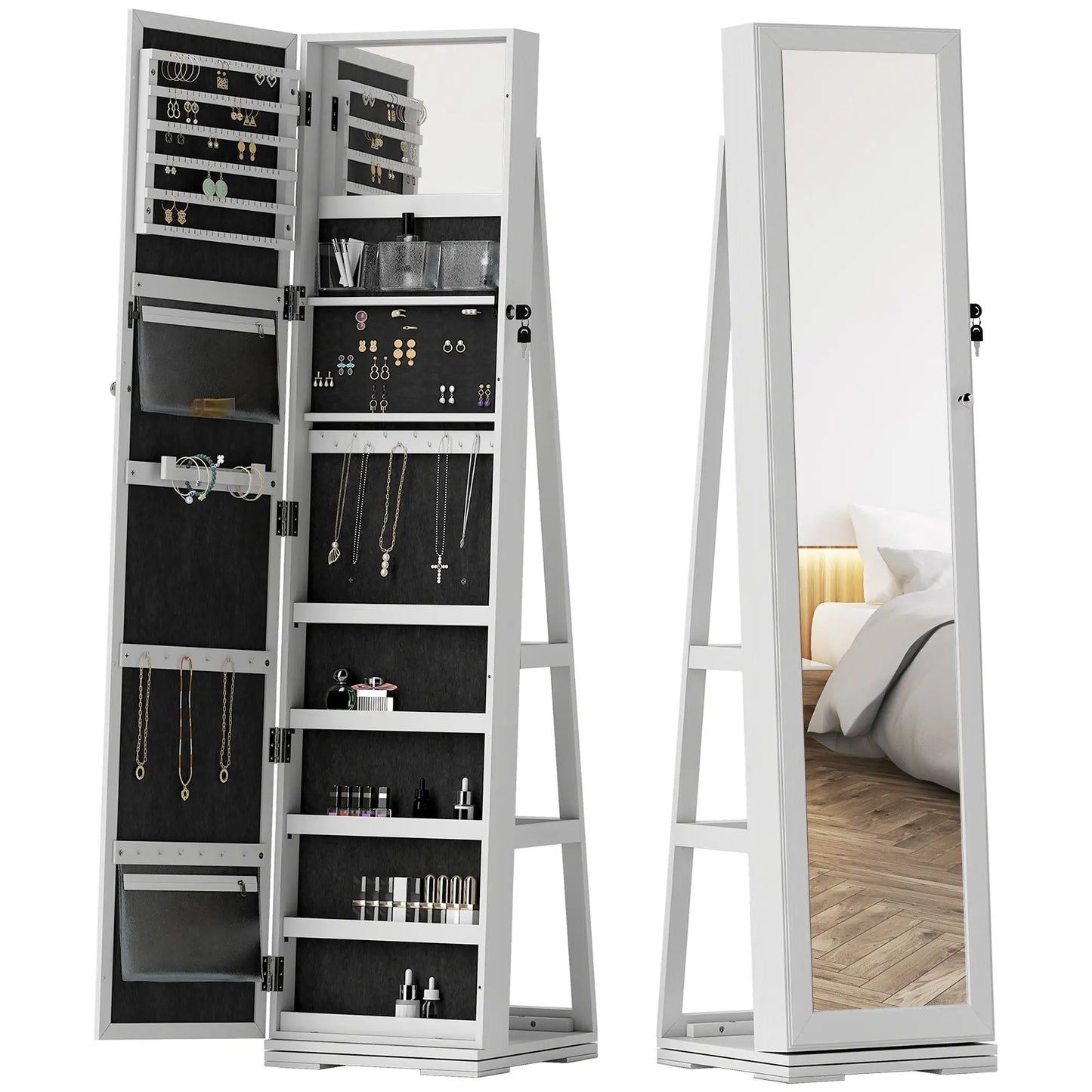 360° Swivel Jewelry Armoire, Lockable Mirror Cabinet, White Jewelry Armoire & Jewellery Mirror Cabinets at Gallery Canada