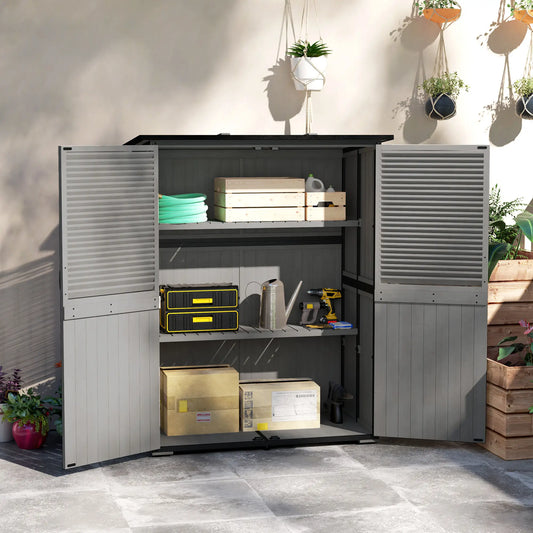 Outdoor Storage Cabinet, Wood Garden Shed, Steel Frame, Asphalt Roof, 2 Shelves, Lockable Doors, Grey Sheds Grey, Black at Gallery Canada