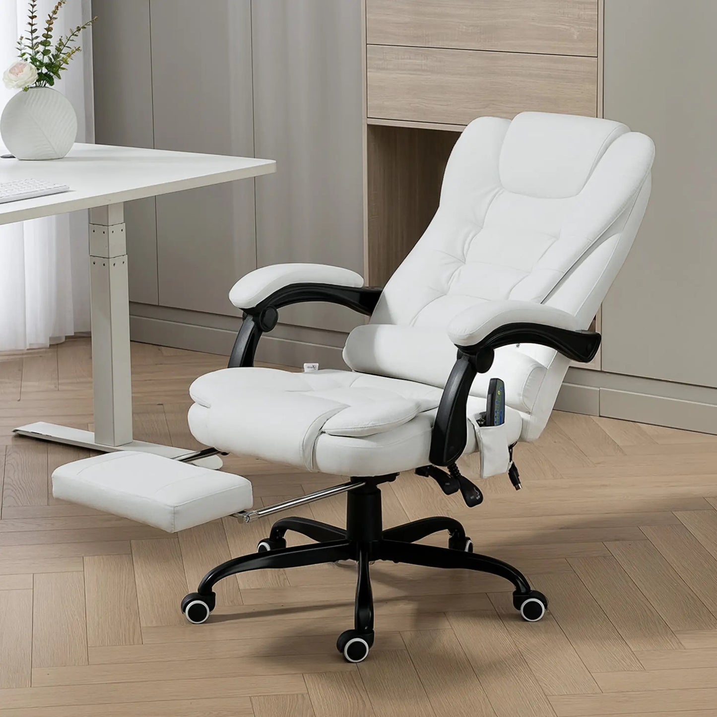 7-Point Vibrating Massage Chair, Reclining Office Chair with Footrest, Reclining Back, Adjustable Height, White Massage Chairs at Gallery Canada