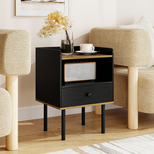 Nightstand With Drawer And Shelf, 1 Piece, Black Nightstands Black at Gallery Canada
