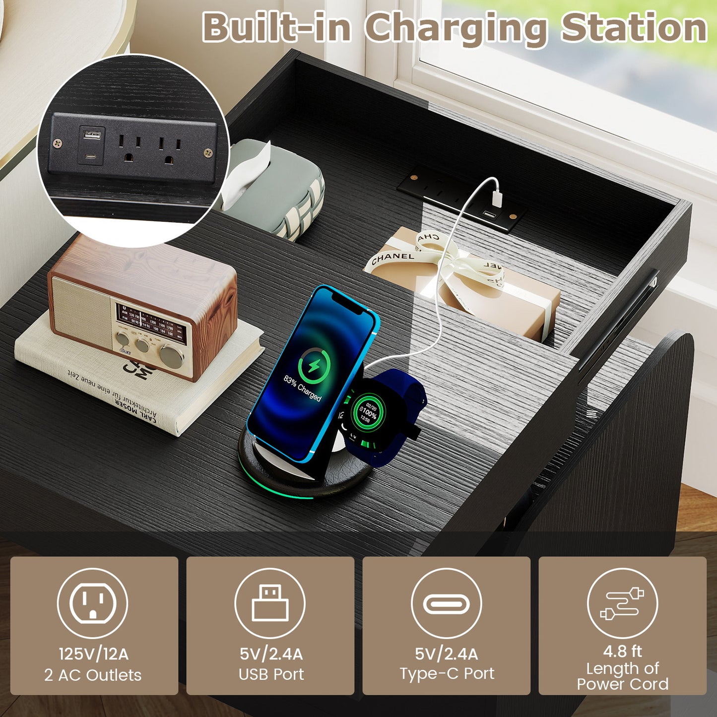 Modern Nightstand With Charging Station, Black Nightstands at Gallery Canada