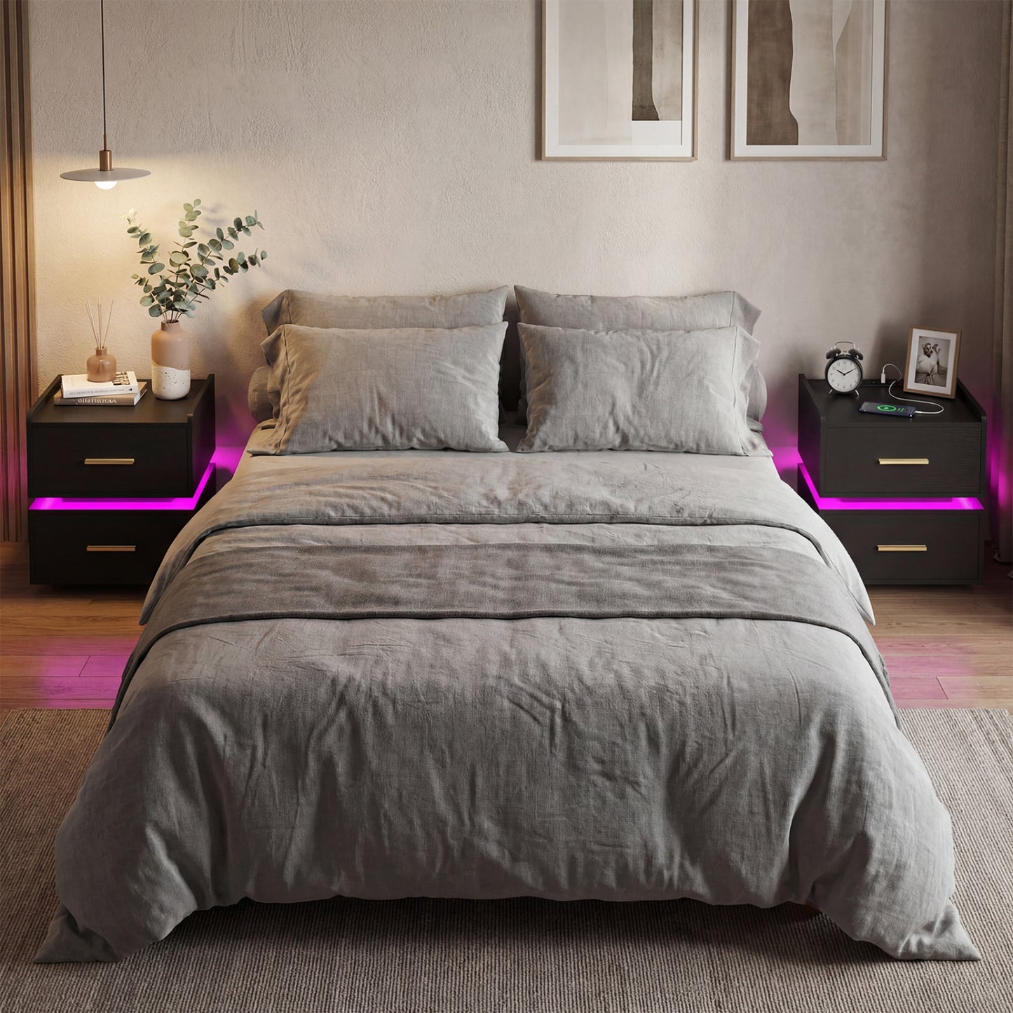 Nightstand With Charging Station, LED Bedside Table, 2 Storage Drawers, Black Nightstands at Gallery Canada