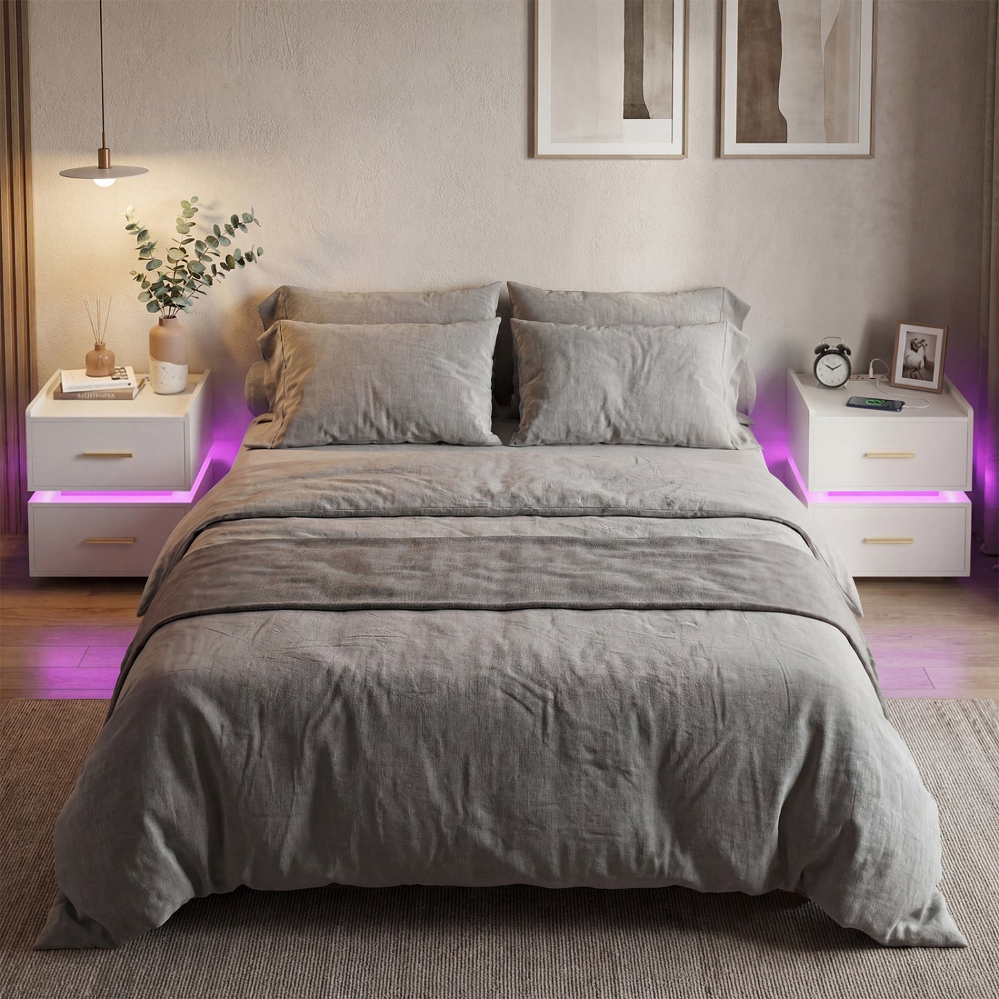 LED Nightstand With Charging Station, 2 Storage Drawers, White Nightstands at Gallery Canada