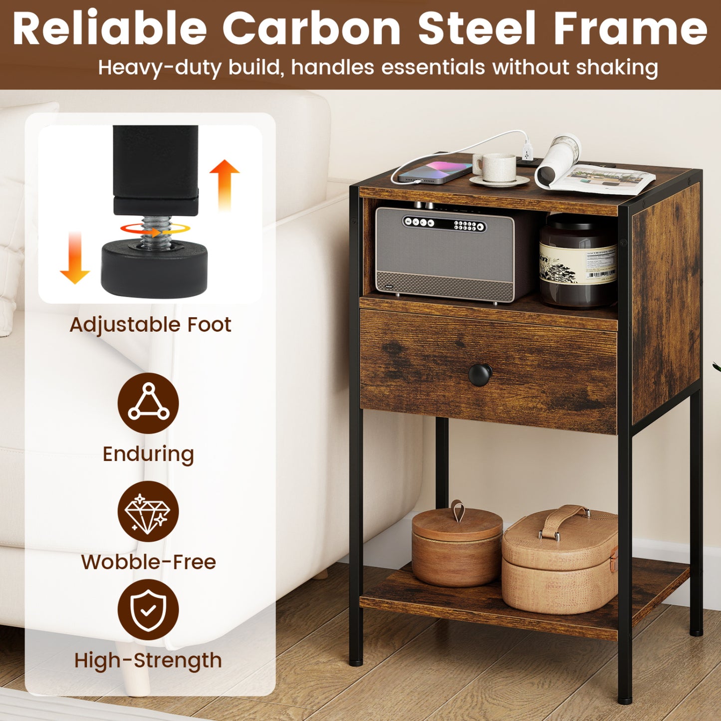 Nightstand With Charging Station, USB Ports And Outlets, Brown Nightstands at Gallery Canada