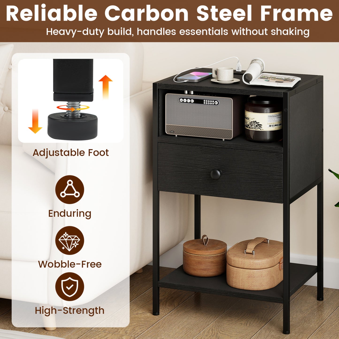 Nightstand With Charging Station, USB Ports And Outlets, Black Nightstands at Gallery Canada