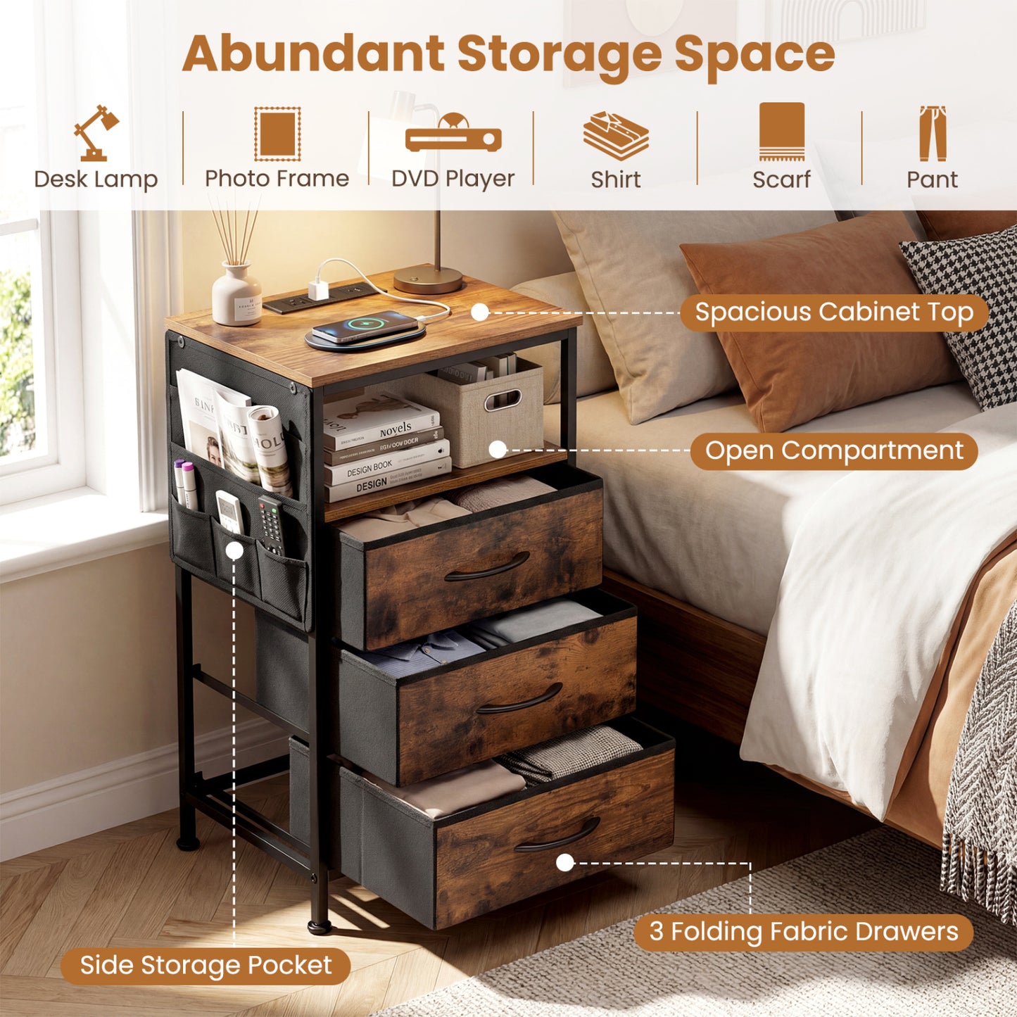 Modern Nightstand with Charging Station, 3 Drawers, Rustic Brown Nightstands at Gallery Canada