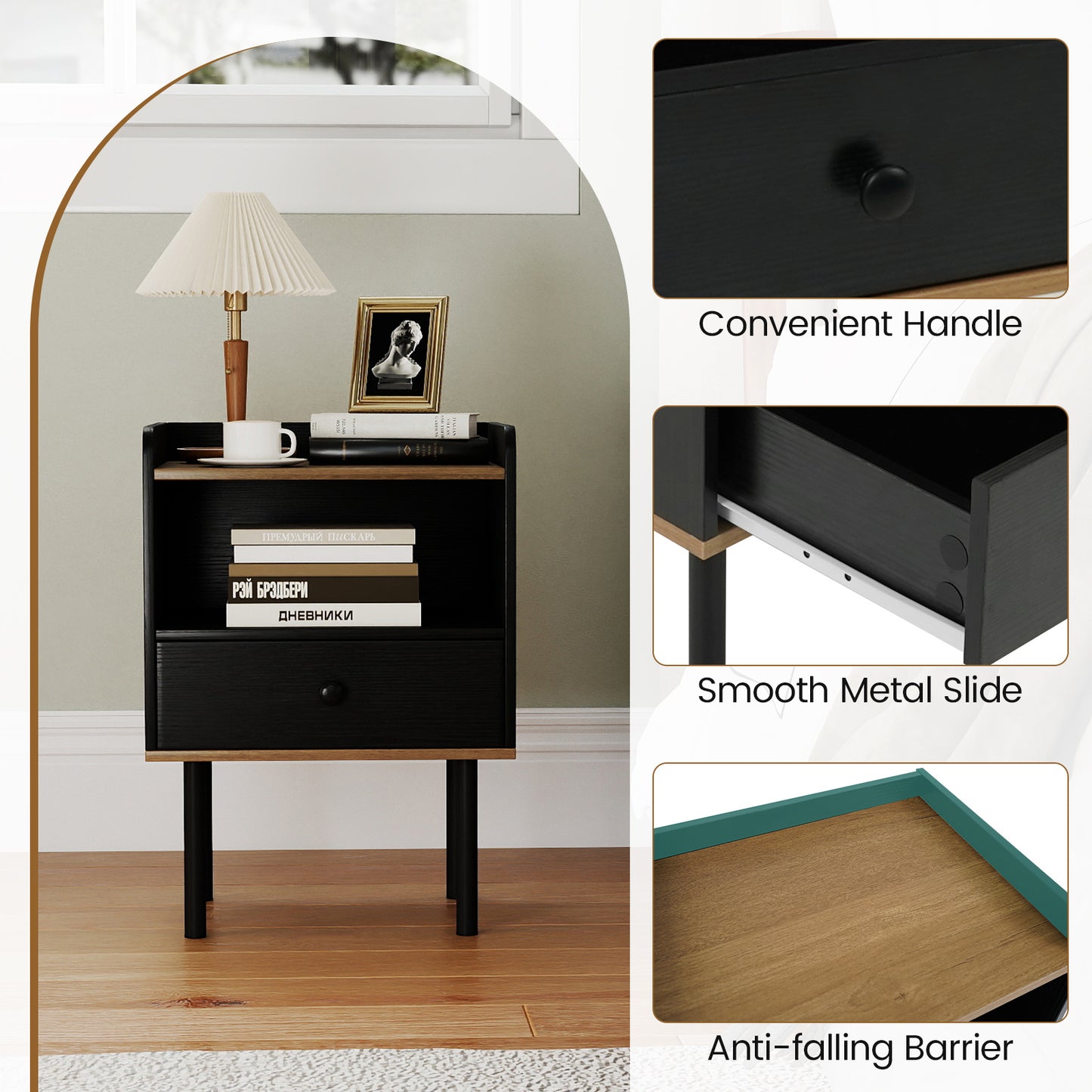 3-Tier Sofa Side Table With Drawer, Open Storage Shelf, Set Of 2, Black Nightstands at Gallery Canada