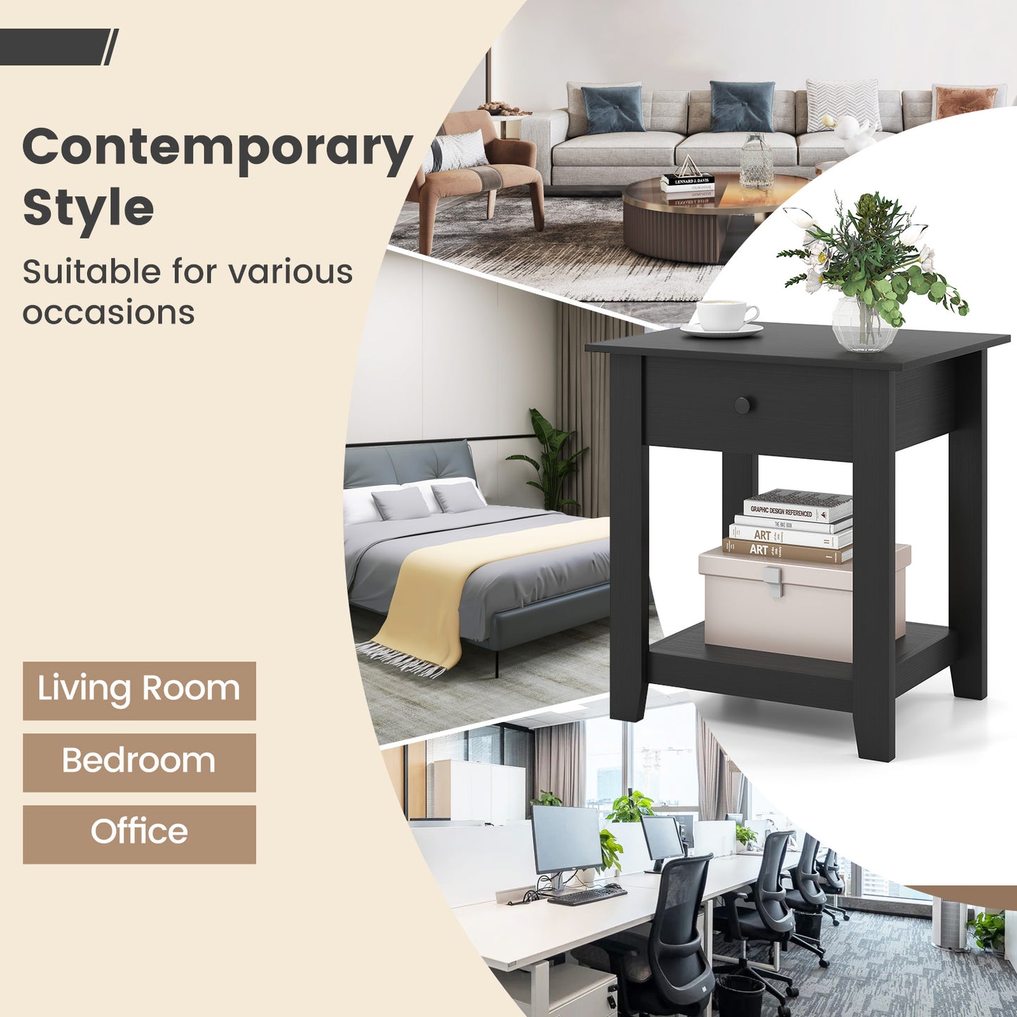 Nightstand with Drawer 3-Tier Modern Bedside Table with Open Shelf and Storage, Black Nightstands at Gallery Canada
