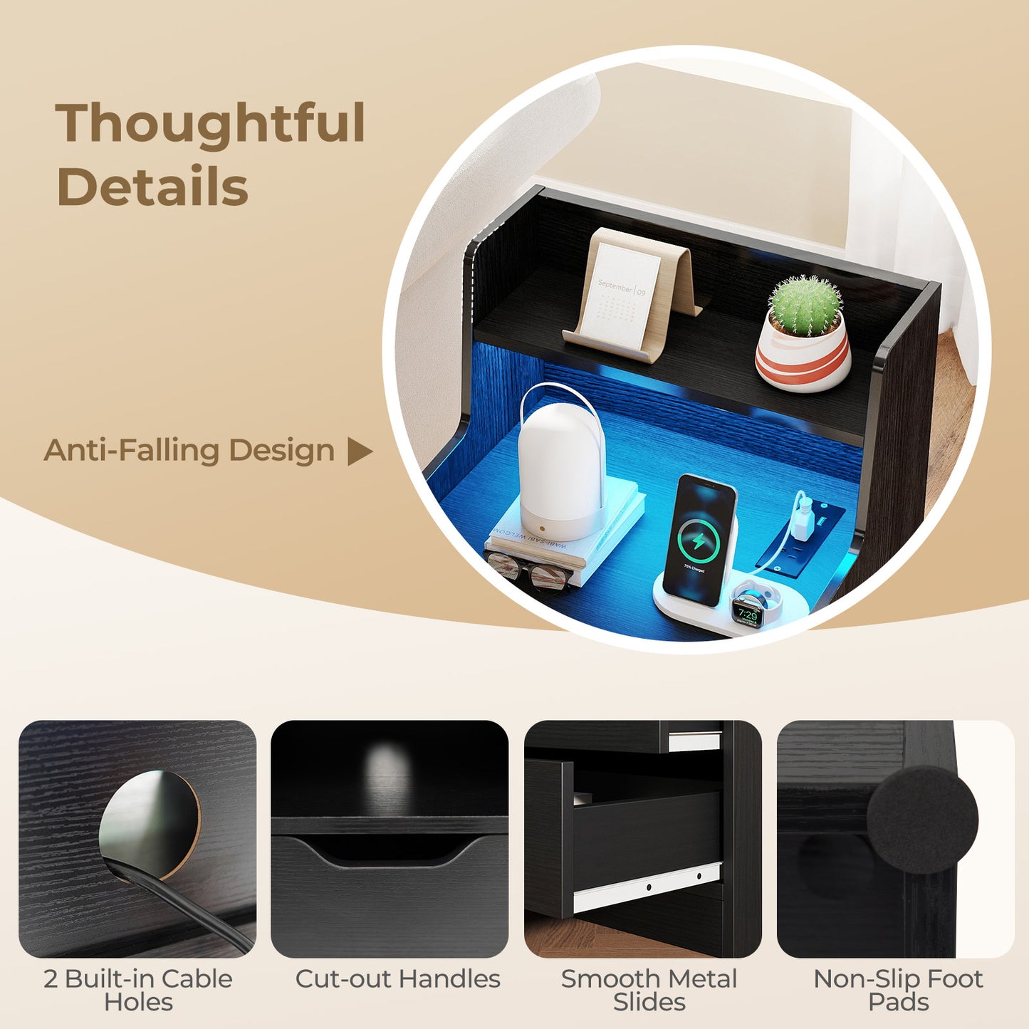 Nightstand With LED Light, Charging Station, Black Nightstands at Gallery Canada