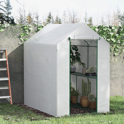 73" x 47" x 75" Walk-in Greenhouse Outdoor Portable Plant Flower Growth Warm House Garden Tunnel Shed w/ Roll-up Door and 2 Shelves White at Gallery Canada
