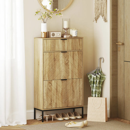 Narrow Shoe Storage Cabinet, Flip Drawers, Adjustable Shelves, Holds 8 Pairs, Oak Shoe Storage Cabinets & Racks Oak, Black at Gallery Canada