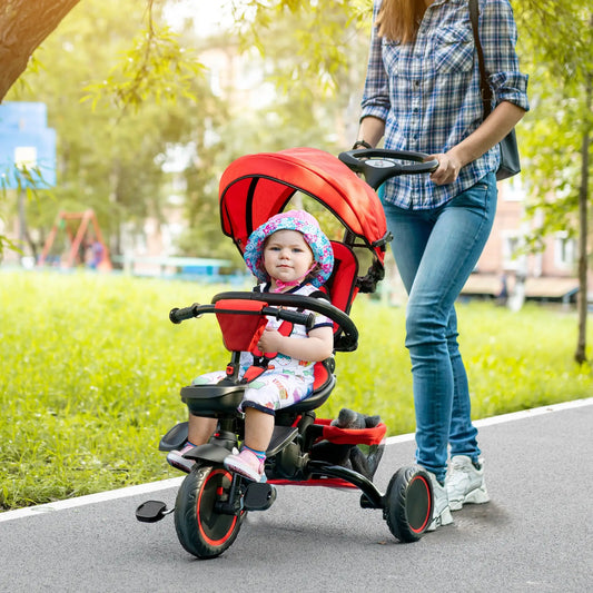 6-in-1 Toddler Tricycle, Foldable, Adjustable Seat, Push Handle, Red Tricycles for Kids Red, Black at Gallery Canada