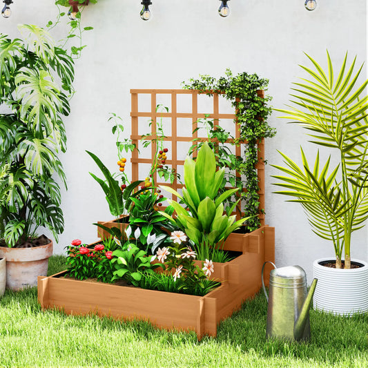 Wooden Elevated Planter Box with Trellis, 3 Tier Raised Garden Bed, Brown Raised Garden Beds Brown at Gallery Canada