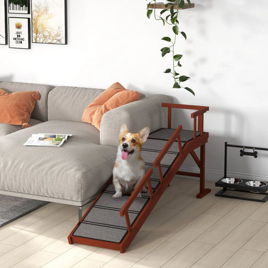Wooden Dog Ramp, 60" Long, Non-Slip Rug, Removable Guardrails, Brown Dog Stairs Brown and Grey at Gallery Canada