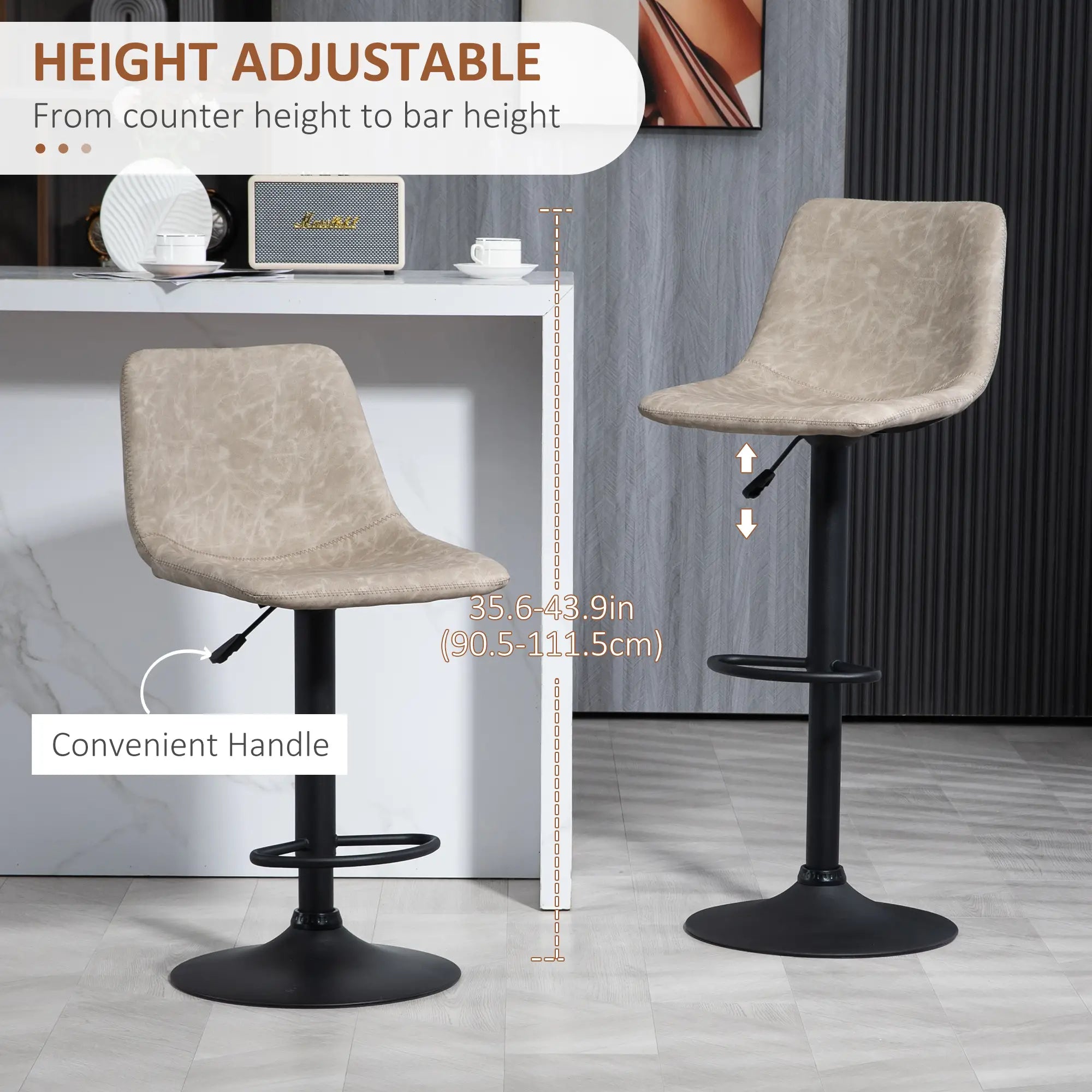 Adjustable Counter Height Bar Stools, Set of 2, 360° Swivel, Vintage Leather, Beige Bar Stools at Gallery Canada