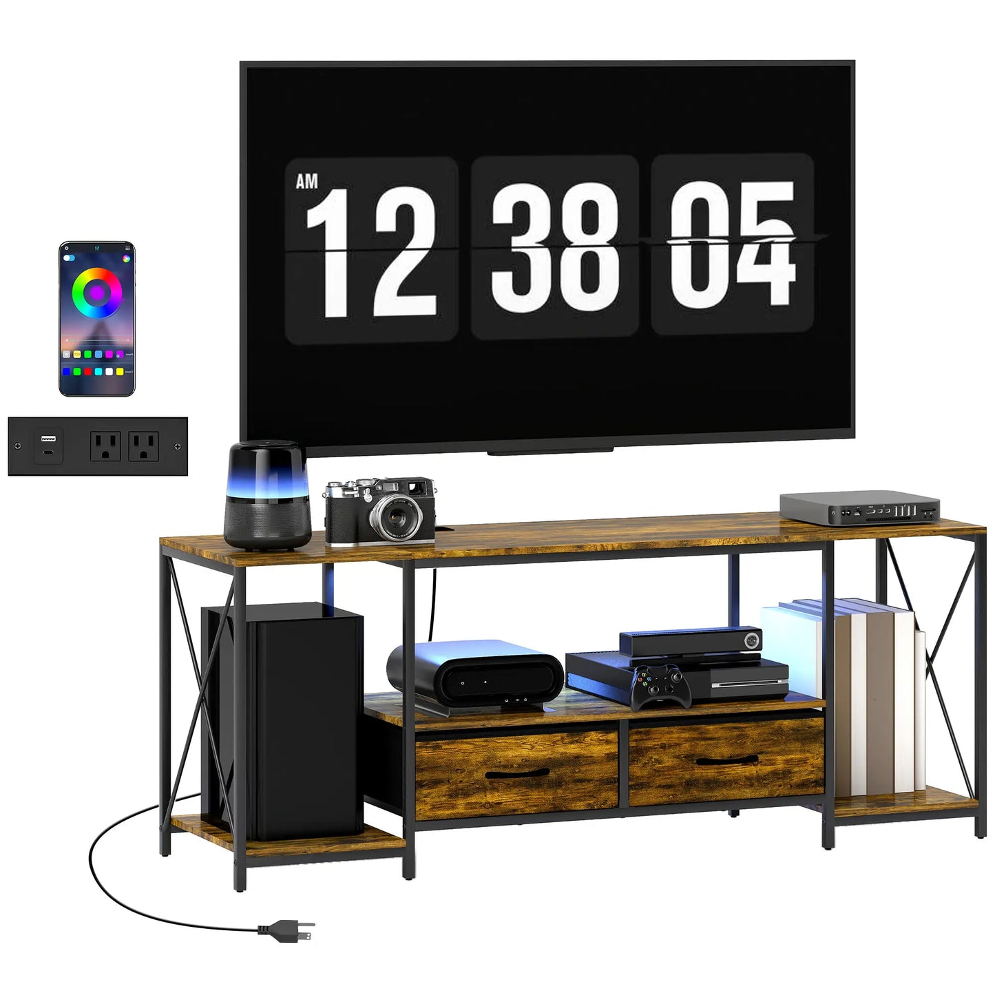 Industrial TV Stand For 55 Inch, Rustic Brown, Charging Station, RGB LED, Brown TV Stands at Gallery Canada