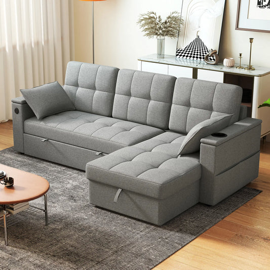Convertible Sectional Sofa Bed, Pull Out Sleeper with USB, Chaise Storage, Grey Sofas & Reclining Chairs Dark Grey at Gallery Canada