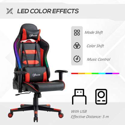 Racing Office Chair with RGB LED Light, Gaming Desk Chair with Lumbar Support, High Back PU Leather Swivel Computer Recliner, Tilt, Black and Red - Gallery Canada