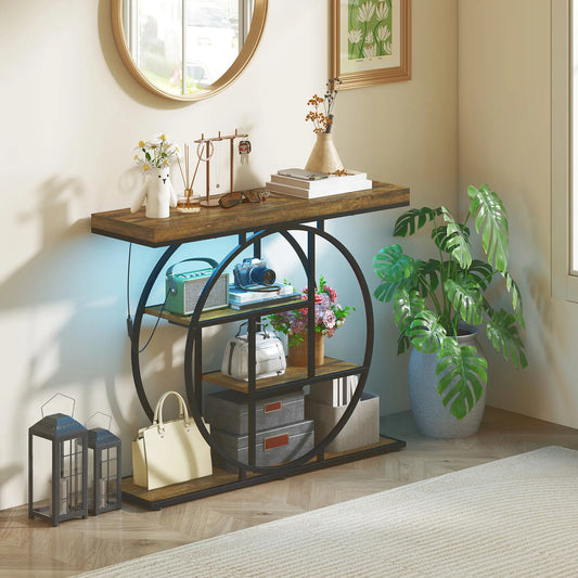 4-Tier Console Table With Charging Station, LED Lights, 39", Rustic Brown Console Tables Rust Brown, Black at Gallery Canada