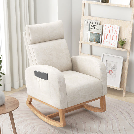 Nursery Rocking Chair Upholstered Chenille Rocker Armchair with Natural Rubber Wood Frame, Beige Accent Chairs Beige at Gallery Canada