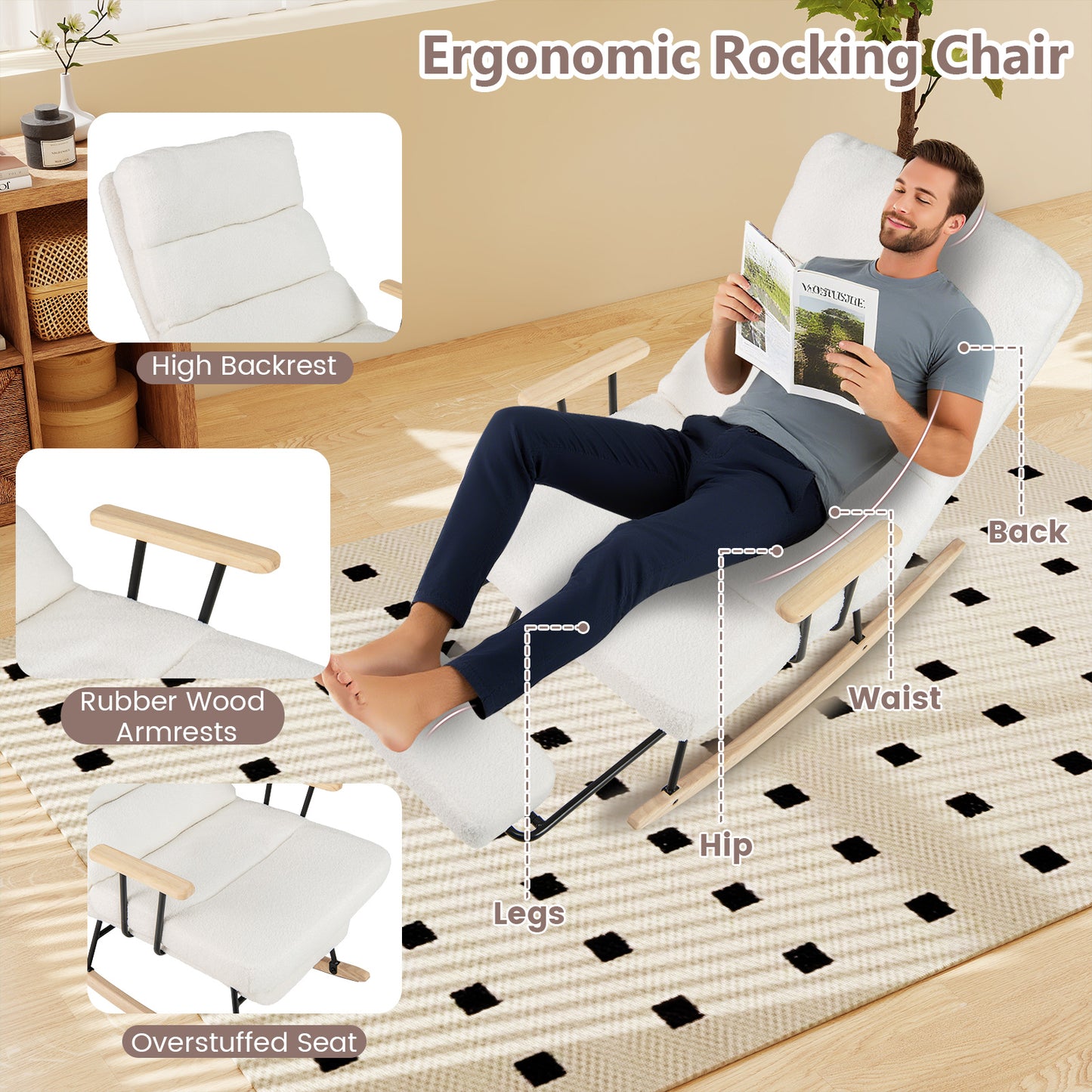 Teddy Velvet Upholstered Nursery Rocking Chair, White Recliners at Gallery Canada