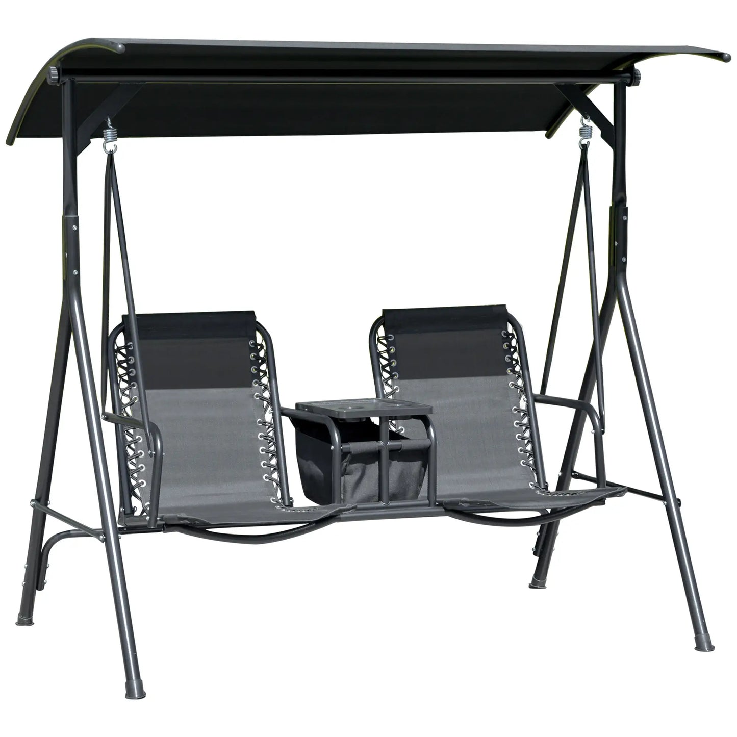 2 Person Porch Swing with Storage Table, Cup Holder, Canopy, Black Patio Swings with Stand at Gallery Canada