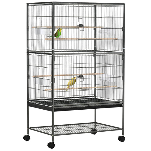 52'' Large Rolling Steel Bird Cage Bird House with Rolling Stand, Storage Shelf, Wood Perch, Food Container, Dark Grey