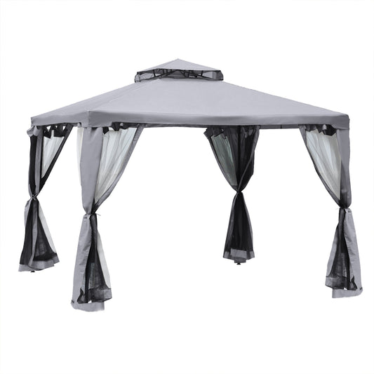 9.6' x 9.6' Patio Gazebo Outdoor Pavilion 2 Tire Roof Canopy Shelter Garden Event Party Tent Yard Sun Shade Steel Frame w/ Mosquito Netting Grey at Gallery Canada