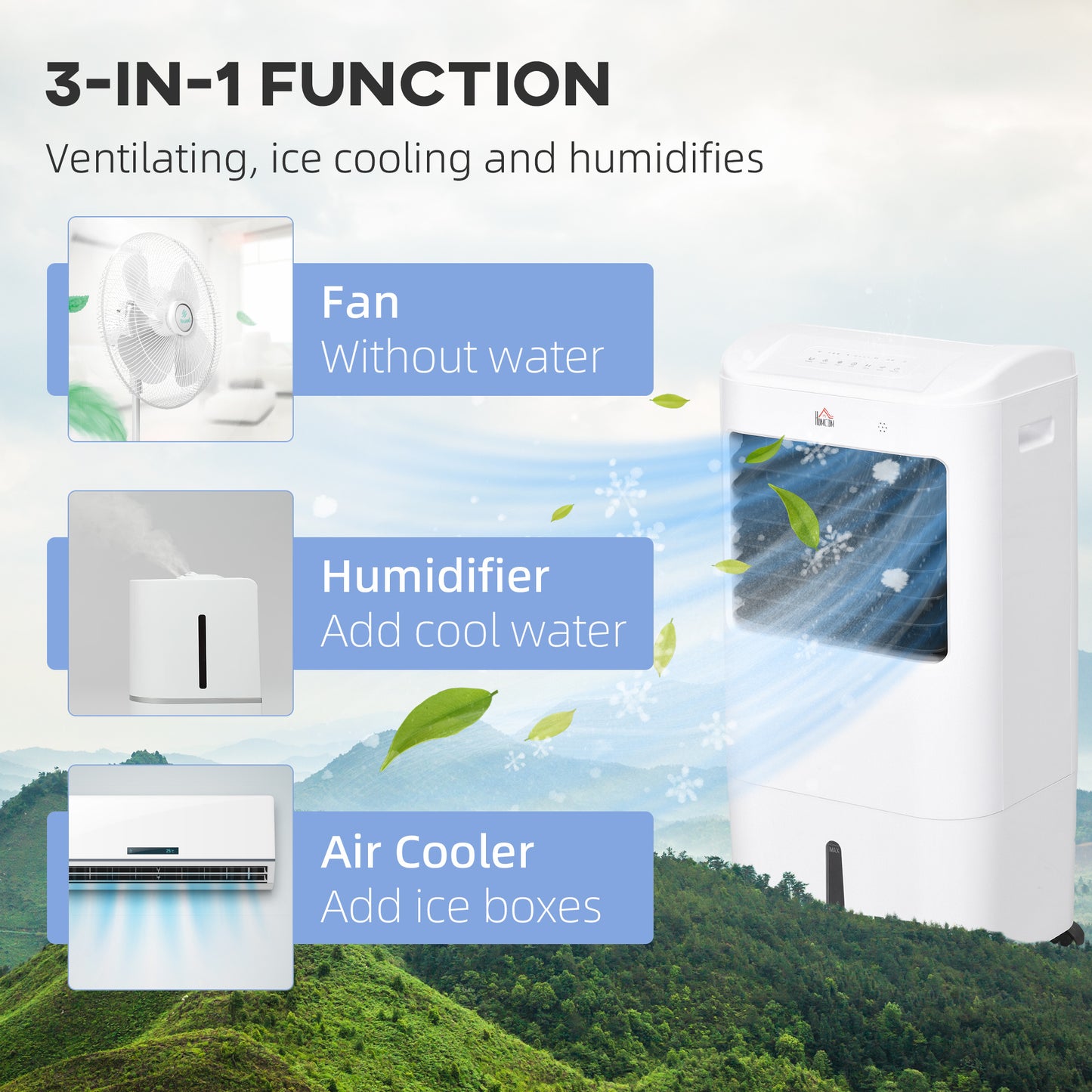 Cooling Fan for Bedroom with Ice Pack, Tower Fan with Remote Control, 3 Modes, 3 Speeds, 7.5H Timer, White