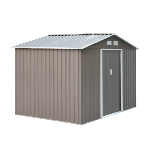 9.1' x 6.4' x 6.3 Garden Storage Shed w/Floor Foundation Outdoor Patio Yard Metal Tool Storage House w/ Double Doors Gray