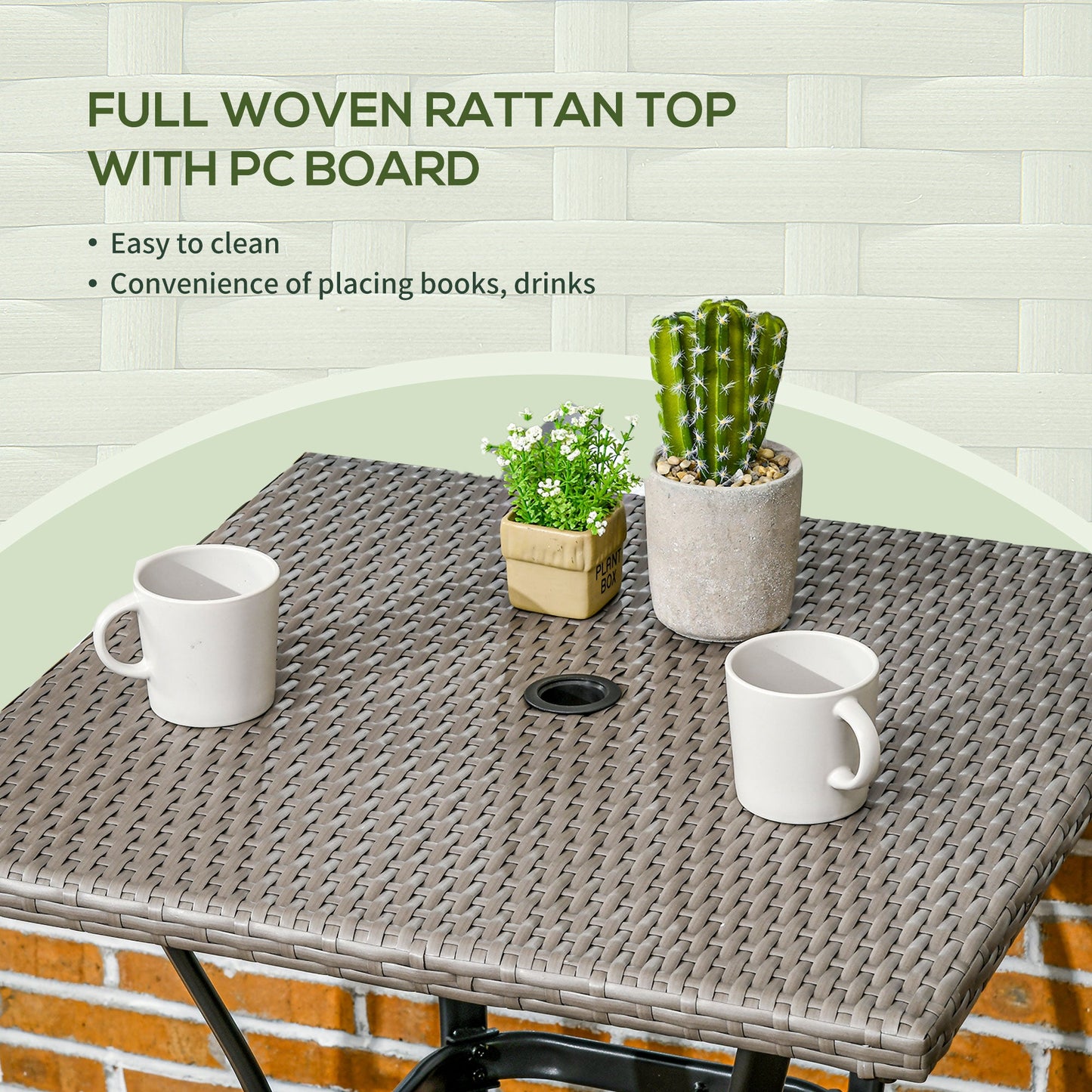 Patio Wicker Dining Table with Umbrella Hole, Outdoor PE Rattan Coffee Table with Plastic Board Under the Full Woven Table Top for Patio, Garden, Balcony, Light Grey at Gallery Canada